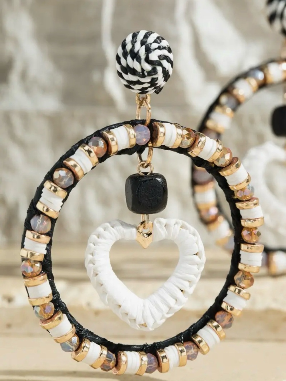 Black & White Heart Hoop Earrings with Gold Accents